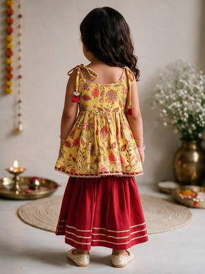Sishu girls red & mustard floral print cotton kurti with sharara 5
