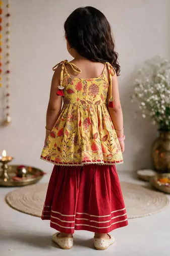 Sishu girls red & mustard floral print cotton kurti with sharara