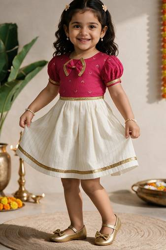 Sishu girls pink chanderi silk zari a-line bow dress