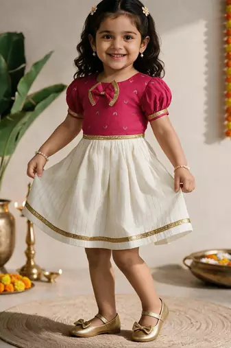 Sishu girls pink chanderi silk zari a-line bow dress