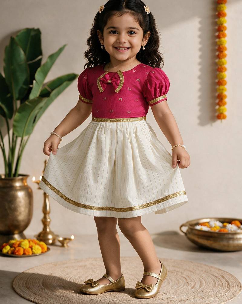 Sishu girls pink chanderi silk zari a-line bow dress