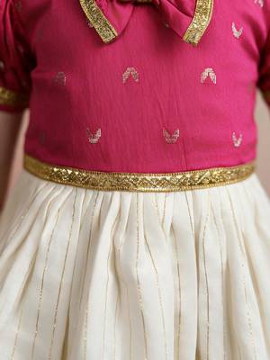 Sishu girls pink chanderi silk zari a-line bow dress 2