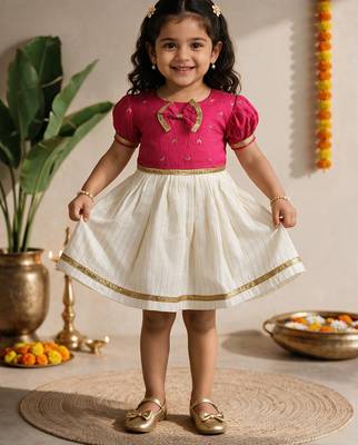 Sishu girls pink chanderi silk zari a-line bow dress 3