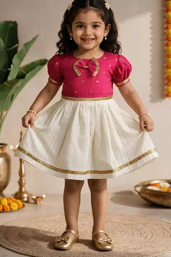 Sishu girls pink chanderi silk zari a-line bow dress