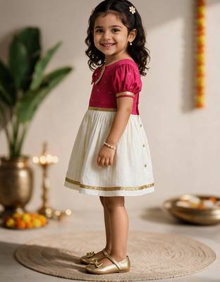 Sishu girls pink chanderi silk zari a-line bow dress 4