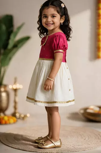 Sishu girls pink chanderi silk zari a-line bow dress