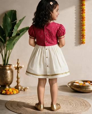 Sishu girls pink chanderi silk zari a-line bow dress 5