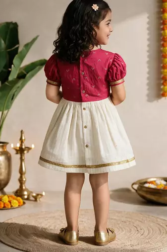 Sishu girls pink chanderi silk zari a-line bow dress