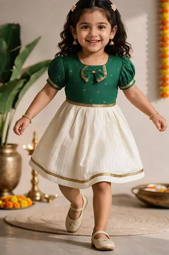 Sishu girls green chanderi silk zari a-line bowdress
