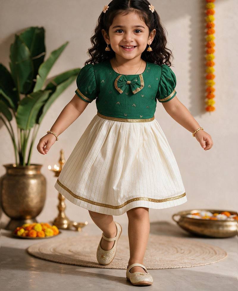 Sishu girls green chanderi silk zari a-line bowdress