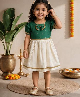 Sishu girls green chanderi silk zari a-line bowdress 3