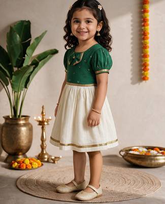 Sishu girls green chanderi silk zari a-line bowdress 4