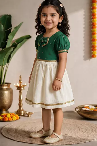 Sishu girls green chanderi silk zari a-line bowdress