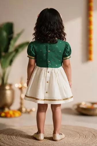 Sishu girls green chanderi silk zari a-line bowdress