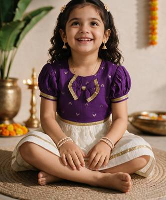Sishu girls purple  chanderi silk zari a-line bow dress 1