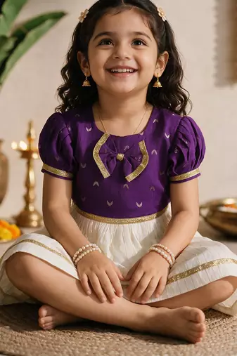 Sishu girls purple  chanderi silk zari a-line bow dress