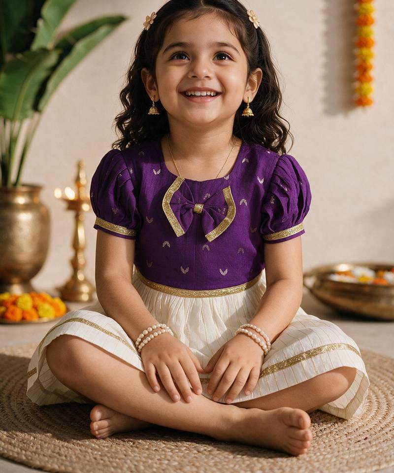 Sishu girls purple  chanderi silk zari a-line bow dress