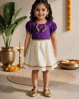 Sishu girls purple  chanderi silk zari a-line bow dress 3