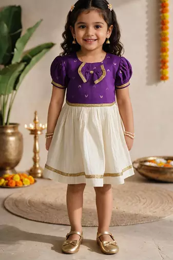 Sishu girls purple  chanderi silk zari a-line bow dress