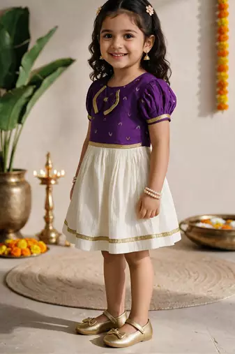 Sishu girls purple  chanderi silk zari a-line bow dress