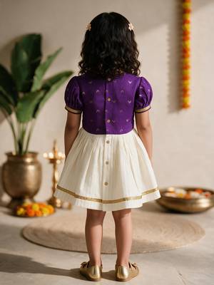 Sishu girls purple  chanderi silk zari a-line bow dress 5