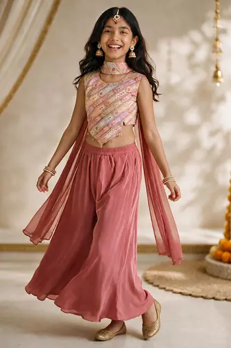 Girls rose pink embroidered top with sharara & dupatta