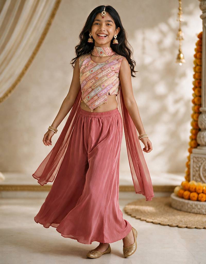 Girls rose pink embroidered top with sharara & dupatta