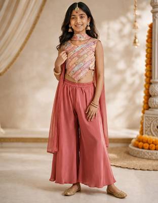 Girls rose pink embroidered top with sharara & dupatta 3
