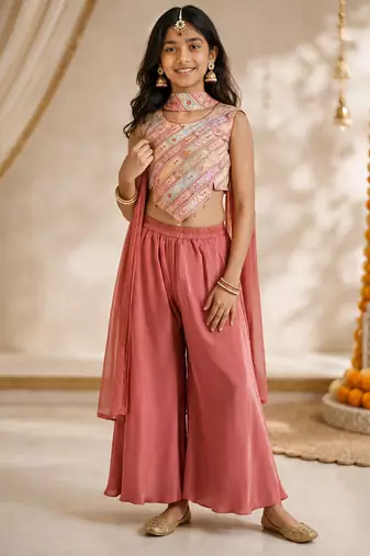 Girls rose pink embroidered top with sharara & dupatta