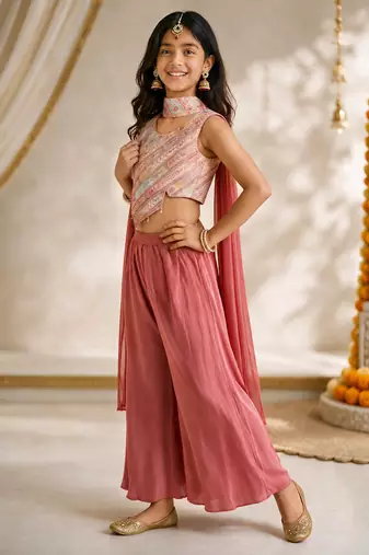 Girls rose pink embroidered top with sharara & dupatta