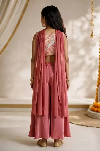 Girls rose pink embroidered top with sharara & dupatta