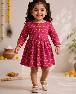 Sishu girls pink floral print cotton a-line dress 3