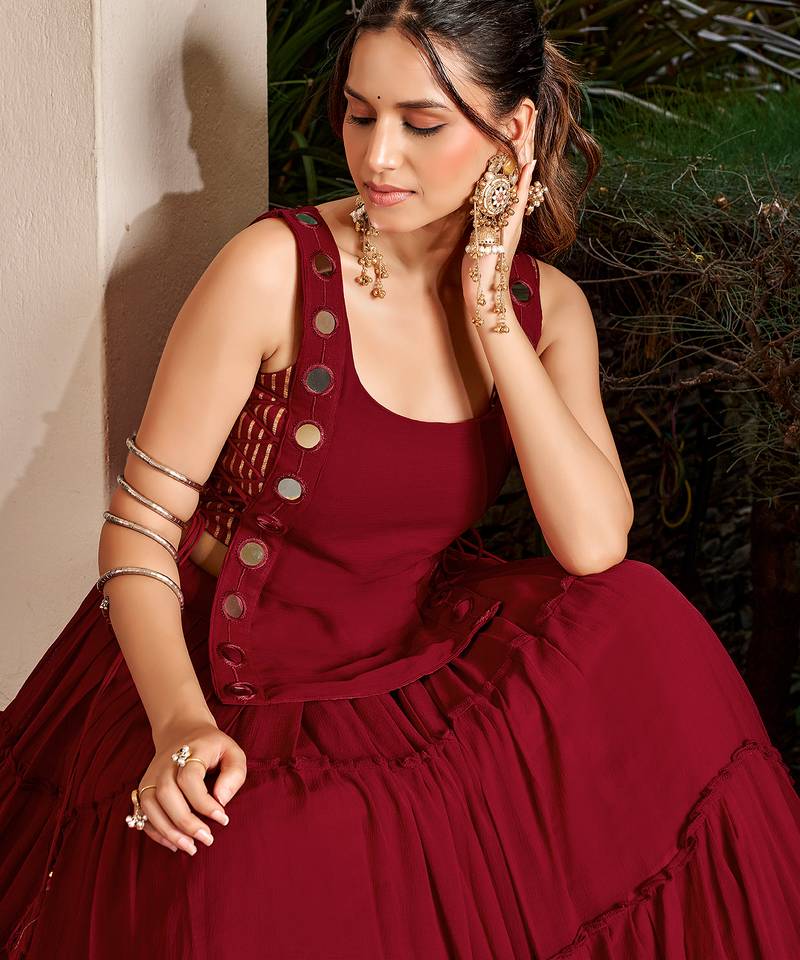 georgette Navratri Free Size Lehenga Set with Real Mirror Work Koti