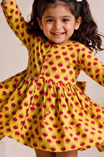 Sishu girls yellow floral print cotton a-line dress