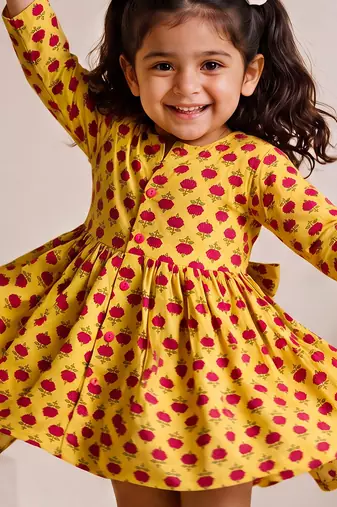 Sishu girls yellow floral print cotton a-line dress