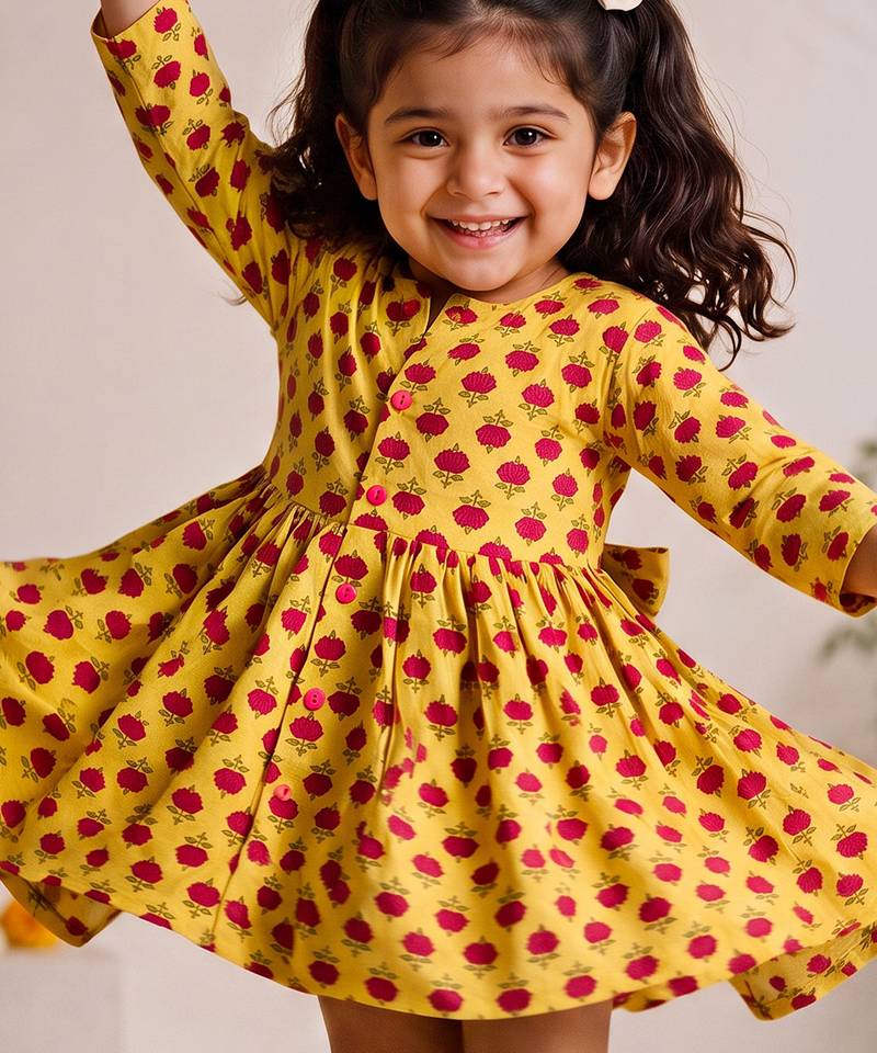 Sishu girls yellow floral print cotton a-line dress