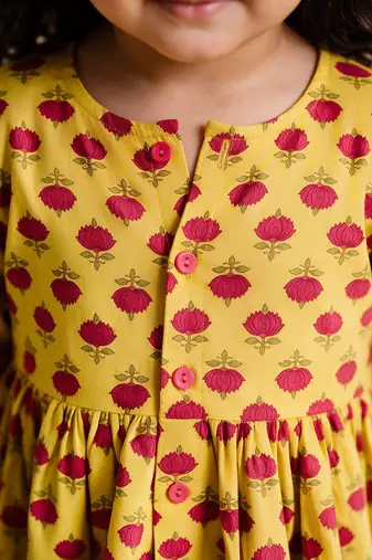 Sishu girls yellow floral print cotton a-line dress