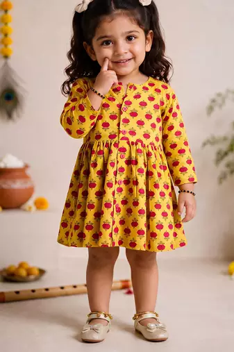 Sishu girls yellow floral print cotton a-line dress