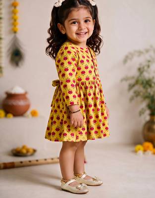 Sishu girls yellow floral print cotton a-line dress 4