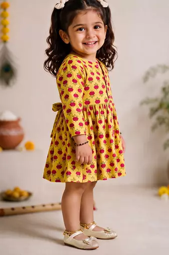 Sishu girls yellow floral print cotton a-line dress