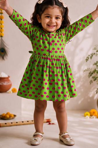 Sishu girls green floral print cotton a-line dress