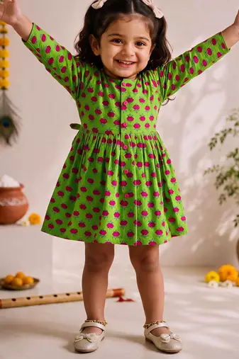 Sishu girls green floral print cotton a-line dress