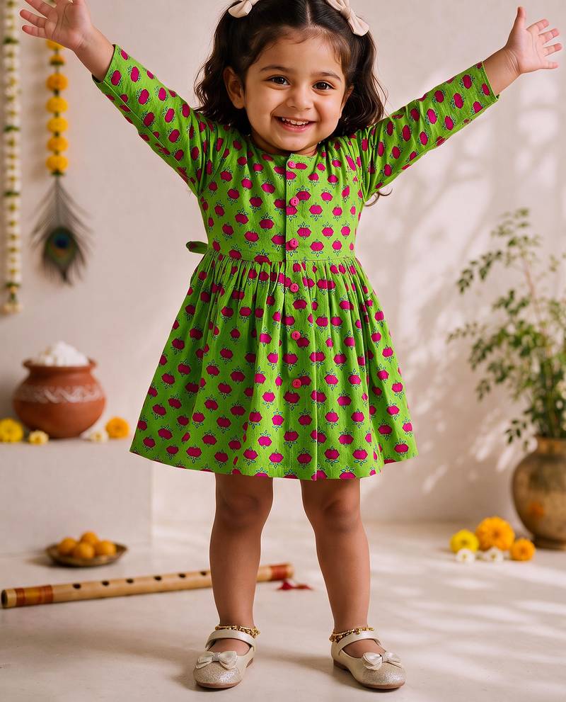 Sishu girls green floral print cotton a-line dress