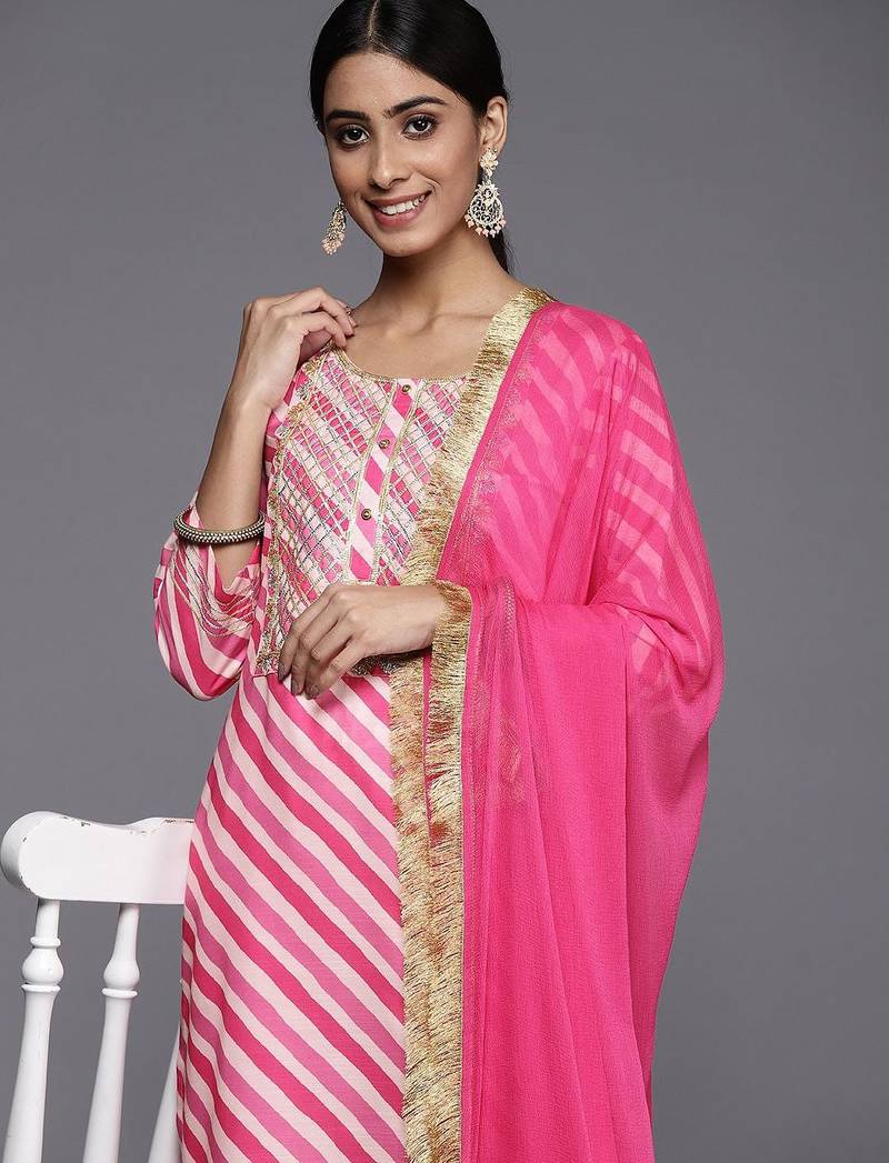 Leheriya Printed Gotta Patti Kurta with Trousers & Dupatta