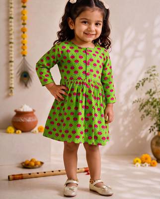 Sishu girls green floral print cotton a-line dress 3