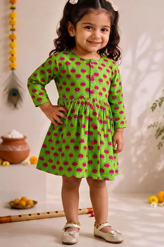 Sishu girls green floral print cotton a-line dress