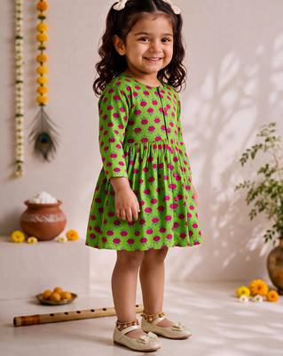 Sishu girls green floral print cotton a-line dress 4