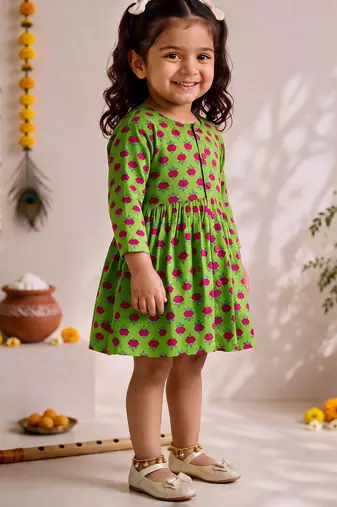 Sishu girls green floral print cotton a-line dress