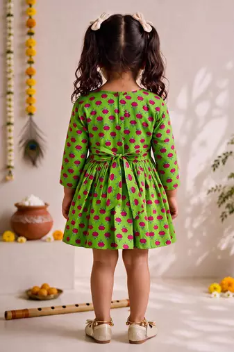 Sishu girls green floral print cotton a-line dress