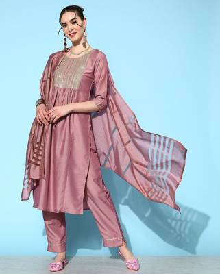 Women Mauve Embroidered Kurta With Trousers & Dupatta 1